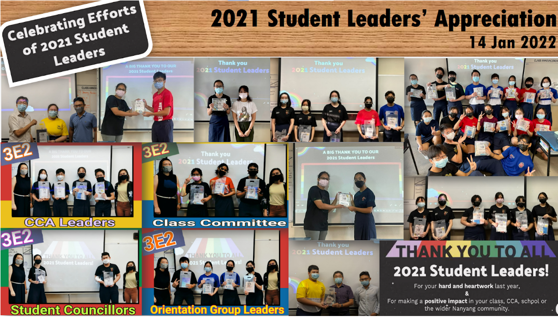 Collage of masked students holding awards at the 2021 Student Leaders Appreciation event on 14 Jan 2022.